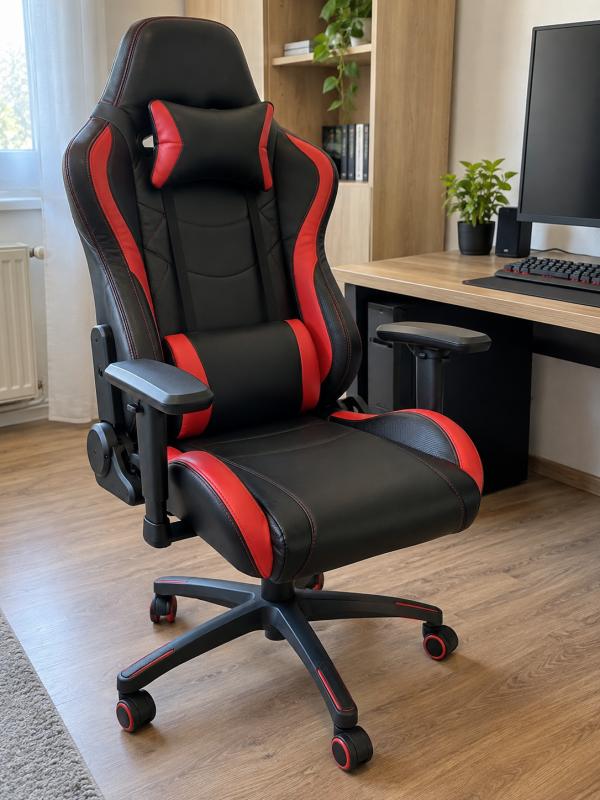 Gamer szék, ergonomikus, fekete-piros